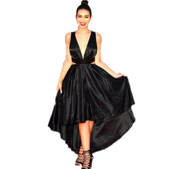 Black Satin Cut-Out High-Low Dress NWT Size M - Picture 4 of 15